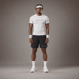 Model wearing the RAWS Basketball Compression T-Shirt in White with Headband, Sweatbands and Shooting Shorts, front view