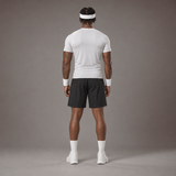 Model wearing the RAWS Basketball Compression T-Shirt in White with Headband, Sweatbands and Shooting Shorts, back view