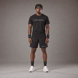 Model wearing the RAWS Basketball Shooting T-Shirt in Black with Headband, Sweatbands and Shooting Shorts, front view