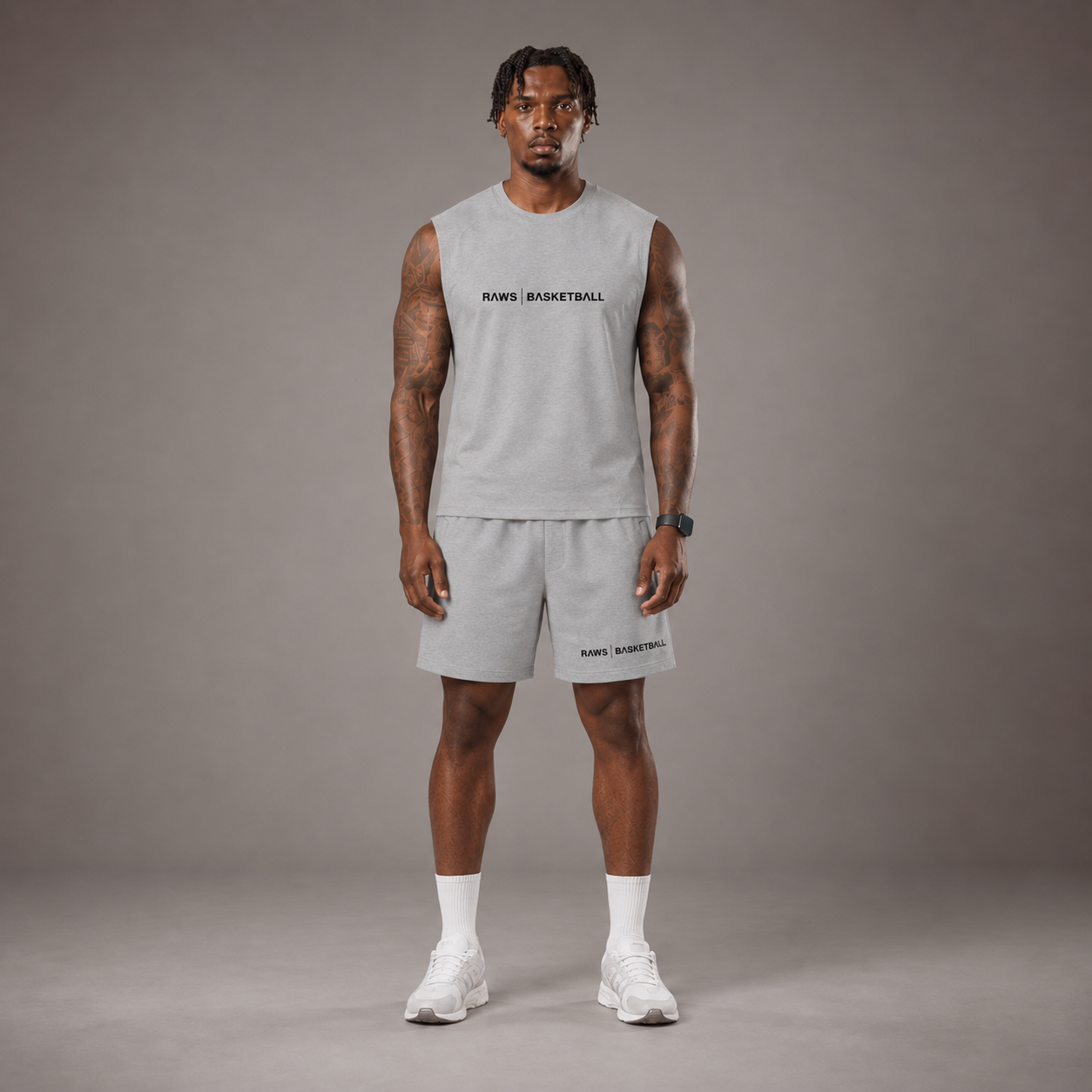 Model wearing the RAWS Off-Court Tank Top and Shorts in Grey, front view