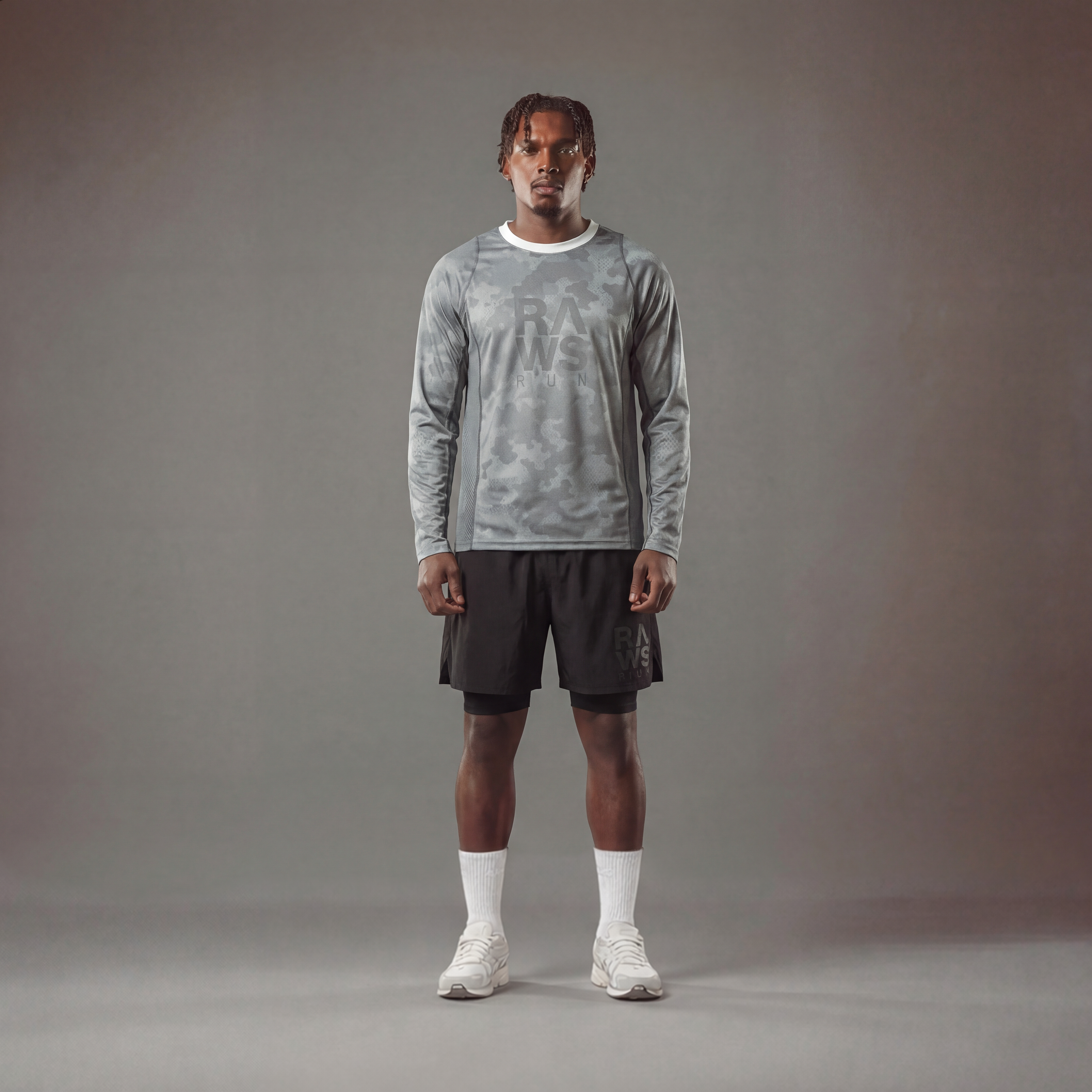 RAWS RUNNING WARM UP CAMO LONG SLEEVE T-SHIRT : GREY