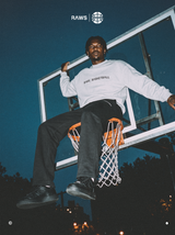 RAWS Basketball Off-Court Crew Sweatshirt worn on the rim